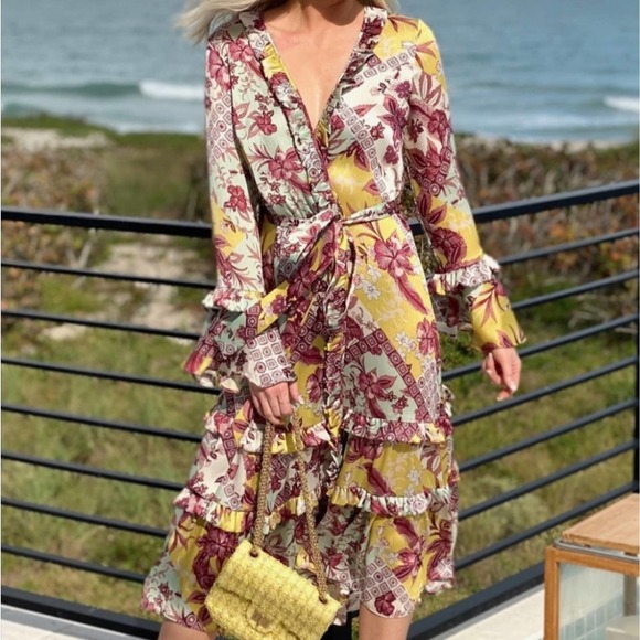 Alexis Dresses & Skirts - Alexis Floral Wiera Printed Ruffle Midi Dress in Berry Pink Paisley Size Large